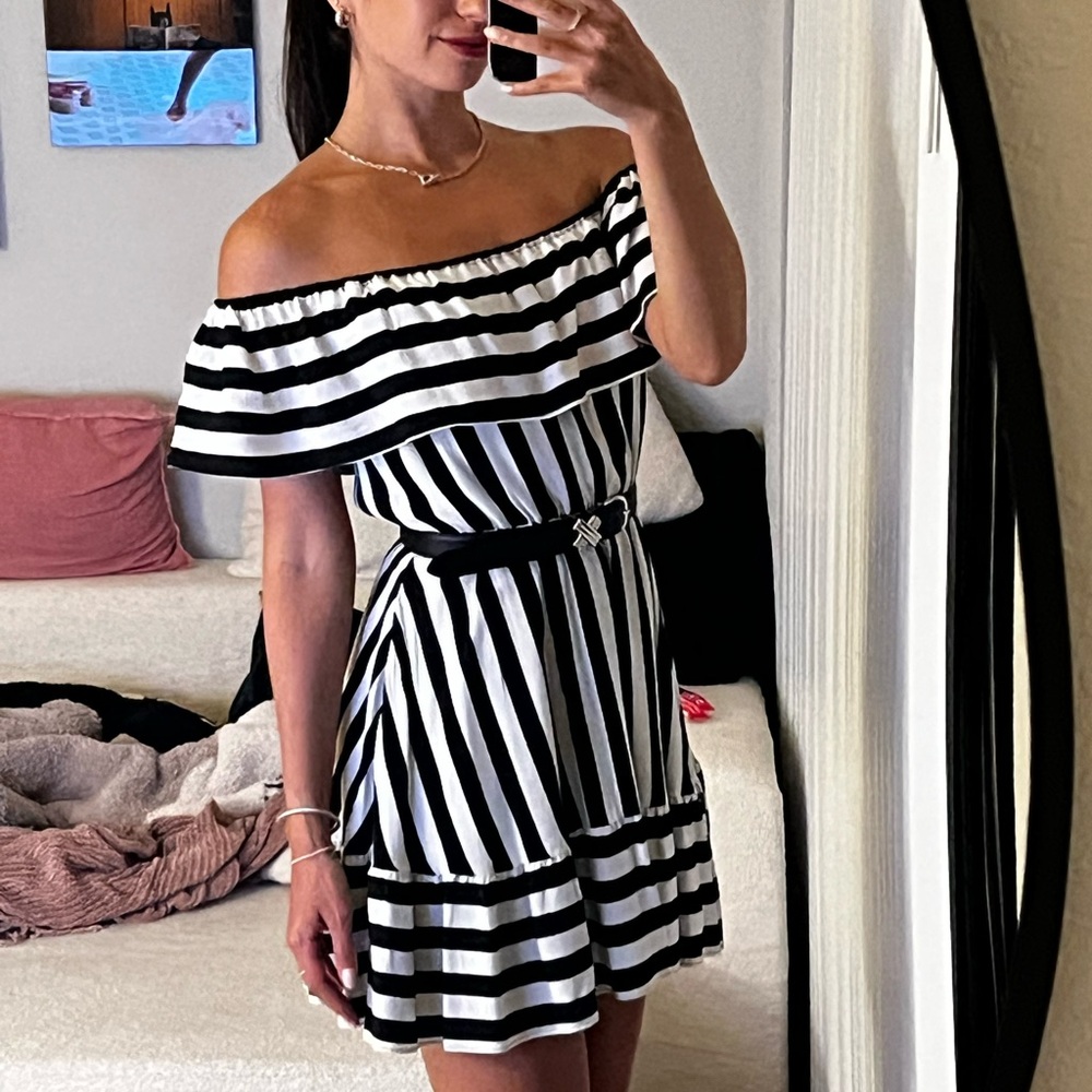 Lovers + Friends Black and White Striped Off-Shoulder Mini Dress